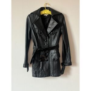 Soft Black Genuine Leather Coat Belted Button Front Collared Pockets XS / Petite